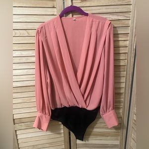 Deep plunge drape front work shirt ; long sleeve work blouse bodysuit,size large